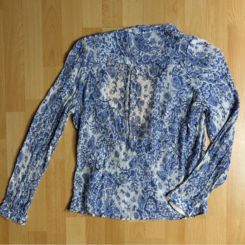 Sezane Amelia Blue and White Floral V Neck Faux Wrap Blouse - Picture 10 of 13
